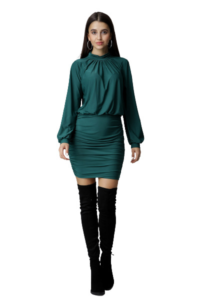 Sukienka Mini Długi Szeroki Rękaw Marszczenia Z Tyłu Zamek - zielona